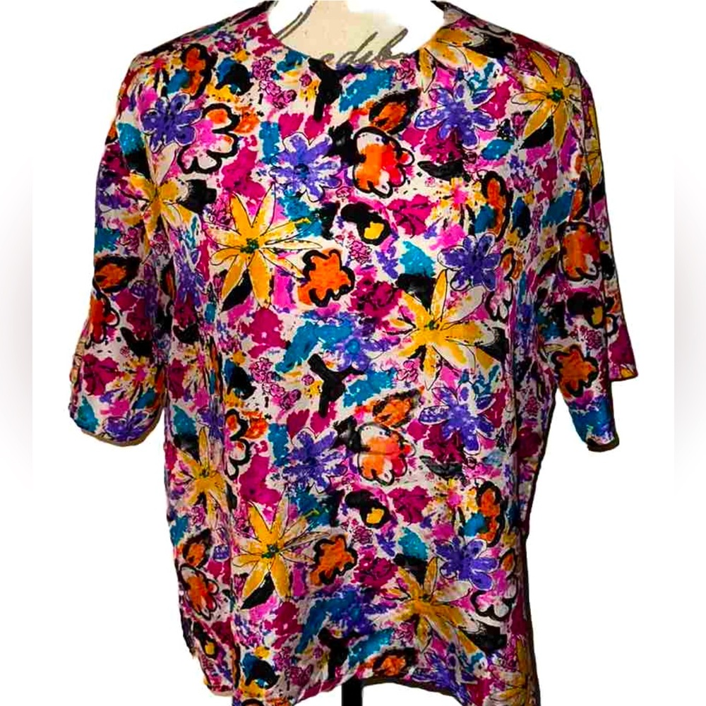 🦋Vintage Bright Floral Graffiti Look Printed Silk Blouse